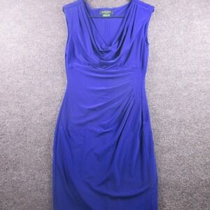 Lauren Ralph Lauren Dress Womens 6 Blue Cowl Neck Ruched Sheath Jersey Stretch